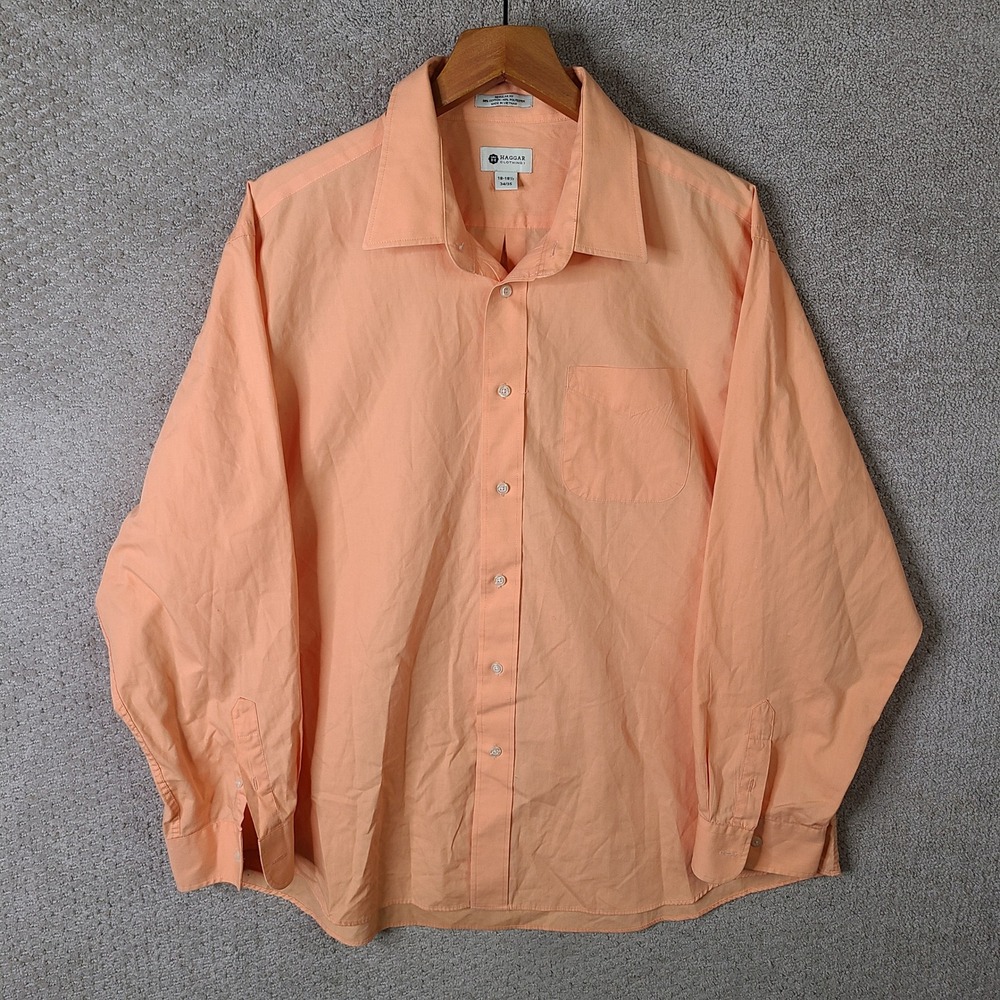 Haggar Shirt Men 18-18.5 34/35 Orange Regular Fit Button Down Cotton Long Sleeve